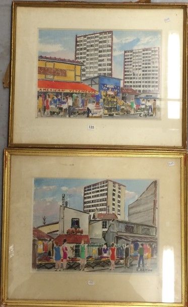 Roland HAMON (1909-1987) 

Le marché aux puces.

Deux aquarelles et gouaches, signées...