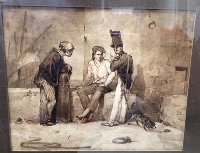 Attribué à Alexandre Gabriel DECAMPS (1803-1860) 

Scène animée aux pêcheurs et soldat.

Encre...