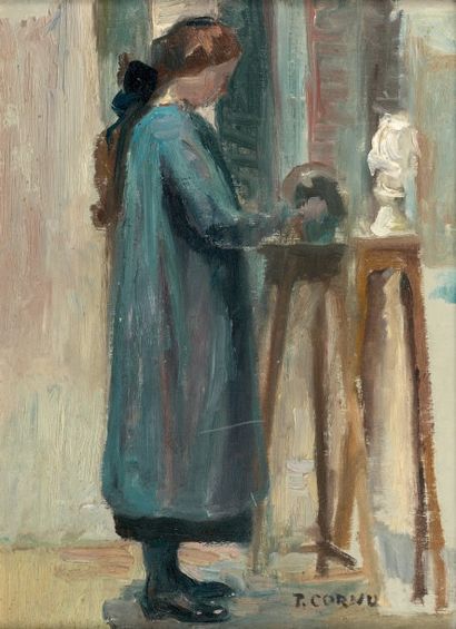 Pierre CORNU (1895 - 1996) Jeune fille dans l'atelier de sculpture.
Huile sur carton.
Signée...