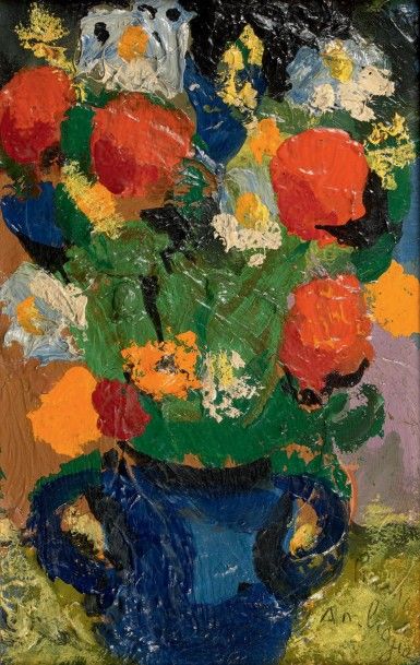 Pierre AMBROGIANI (1907 - 1985) "Fleur au vase bleu".
Huile sur panneau.
Signée en...