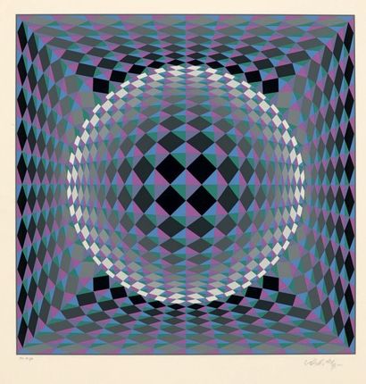 Victor VASARELY (1906 - 1997) Composition cinétique en rose gris noir.
Sérigraphie...