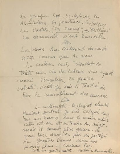 Emile Antoine BOURDELLE (1861 - 1929) Lettre autographe signée à Louis Aubert (1878-1944)...