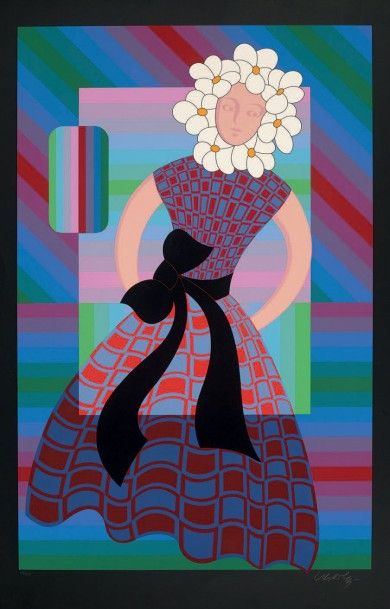 Victor VASARELY (1906 - 1997) Silhouette a la coiffure fleurie.
Sérigraphie en couleurs...
