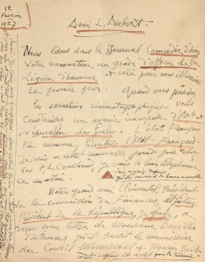 Emile Antoine BOURDELLE (1861 - 1929) Lettre autographe signée à Louis Aubert (1878-...