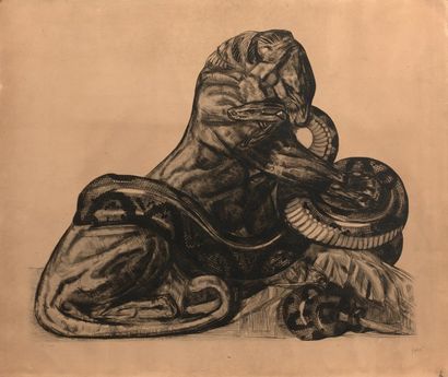 Paul JOUVE (1878 - 1973) Combat de lion et de python.
Eau-forte sur papier, marouflé...