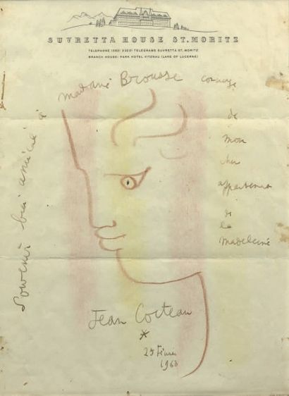 Jean COCTEAU (1889 - 1963) Profil de faune, 1960.
Encre brune, crayons de couleurs...