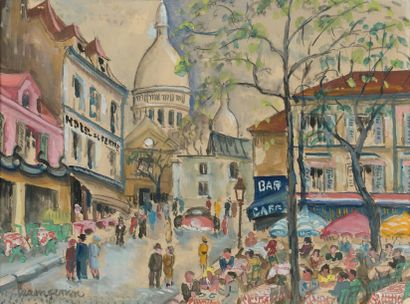 Lucien GENIN (1894 - 1953) Place animée d'une terrasse de café à Montmartre.
Fusain...
