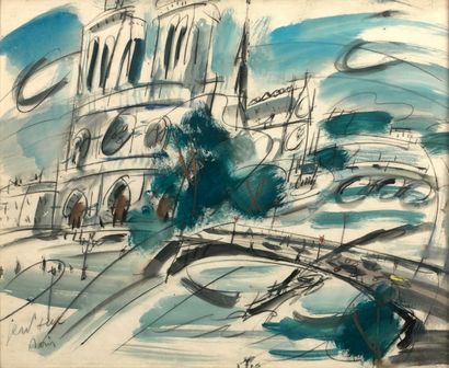 GEN PAUL (1895 - 1975) Notre-Dame.
Fusain et gouache sur papier.
Signé et situé "Paris"...