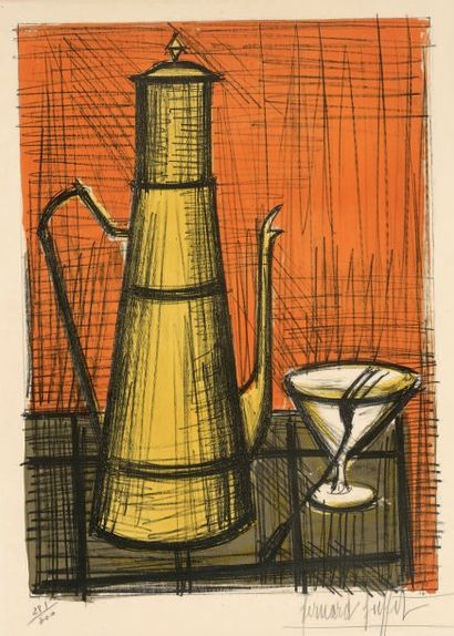 Bernard BUFFET (1928 - 1999) La cafetière. 1955 (Sorlier 14).
Lithographie en couleurs...