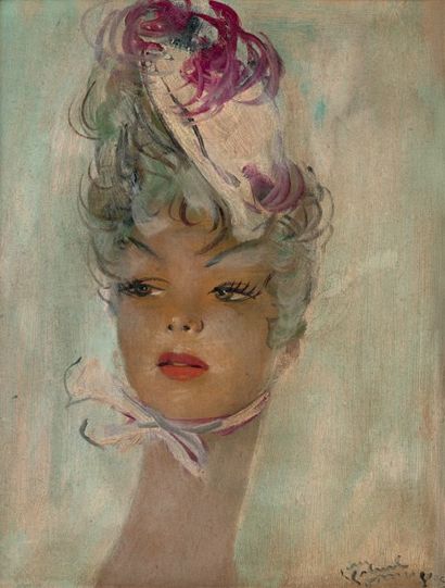Jean Gabriel Domergue (1889 - 1962) Portrait de femme au chapeau.
Huile sur isorel.
Signée...