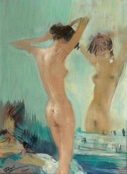 Jean Gabriel Domergue (1889 - 1962) Jeune femme à la toilette.
Huile sur isorel.
Signée...