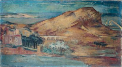 Joseph FLOCH (1895-1977) Paysage au pont en bord de mer. Huile sur toile, signée...