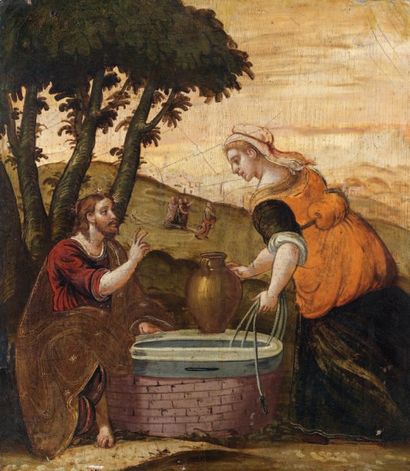 ECOLE VENETO-DALMATE, vers 1600 La rencontre du Christ et de la Samaritaine, près...