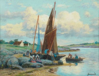 Mathurin JANSSAUD (1857-1940) Retour de pêche en Bretagne. Pastel, signé en bas à...