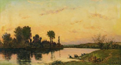 Hippolyte-Camille DELPY (1842-1910) Lavandières, bord de rivière. Huile sur panneau,...