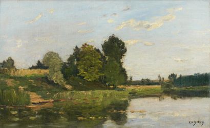 Hippolyte-Camille DELPY (1842-1910) Bord de rivière. Huile sur toile, signée en bas...