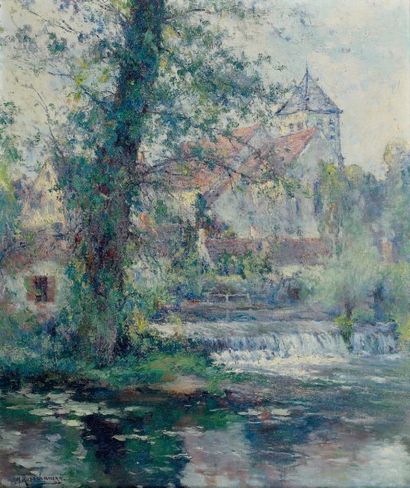 Michel KOROCHANSKY (1866-1925) Vue de village avec église et rivière. Huile sur toile,...