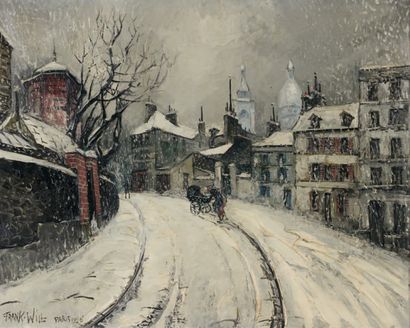 FRANCK-WILL (1900-1951) Vue de Montmartre et du Sacré-Coeur sous la neige. Huile...