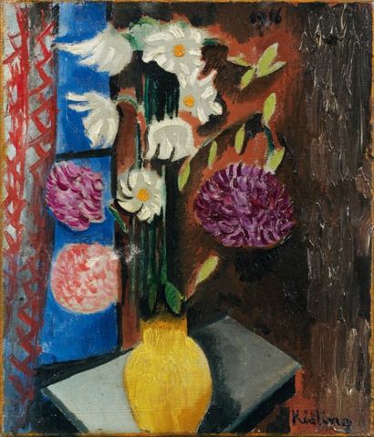 Moïse KISLING (1891-1953) Bouquet de dahlias et de marguerites. Huile sur toile,...
