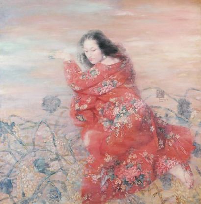 Wang JUNYING (née en 1970) Femme au kimono rouge fleuri. Huile sur toile, signée...
