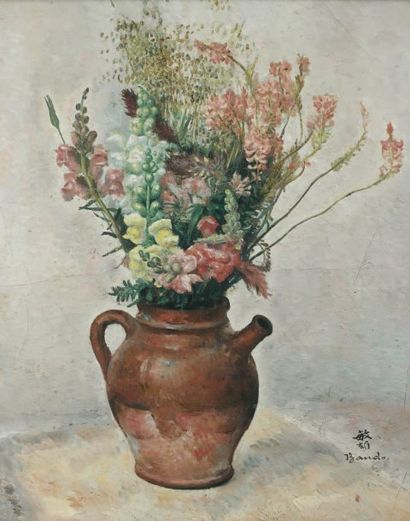 Toshio BANDO (1895-1973) "Bouquet de fleurs dans une chevrette". Huile sur toile...