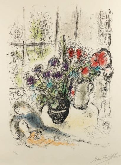Marc CHAGALL (1887-1985) "Bouquet aux amoureux. 1976". (Sorlier 842). 64 x 47 cm....