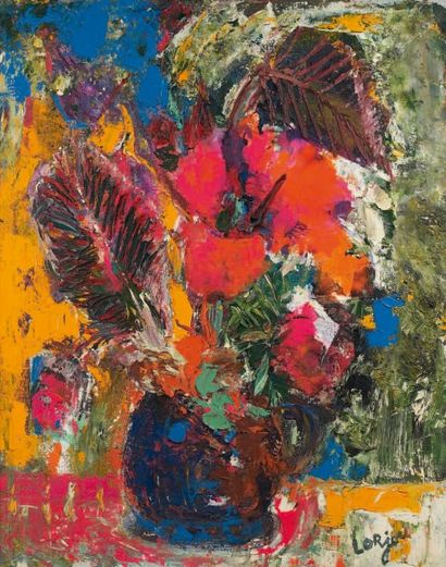 Bernard LORJOU (1908-1986) "Hibiscus dans un vase". Acrylique sur toile signée en...