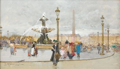 Eugène GALIEN-LALOUE (1854-1941) "Les fontaines de la Place de la Concorde". Gouache...