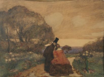 Pierre NILOUSS (1869-1943) "Couple sur le chemin". Aquarelle signée en bas à droite...