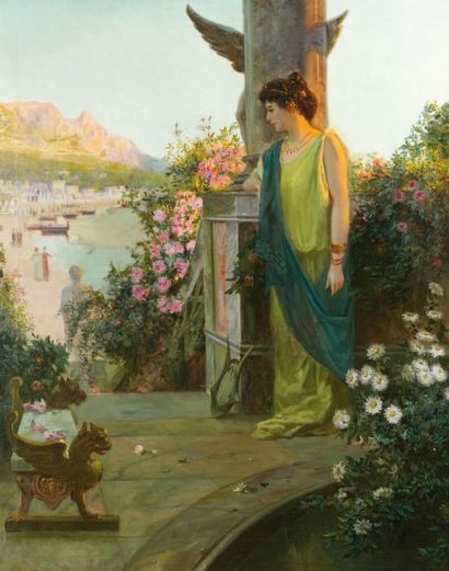 Jean BEAUMONT (XIX-XXème siècle) "Jeune femme sur une terrasse, Italie". Huile sur...