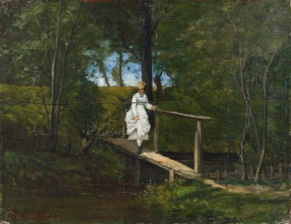 Paul Désiré TROUILLEBERT (1829-1900) "Elégante sur un pont". Huile sur panneau, signée...