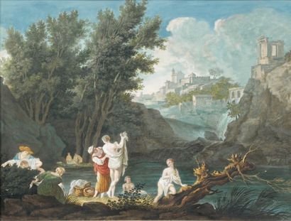 Claude-Joseph VERNET (Ecole de) (1714 - 1789) "Les baigneuses à Tivoli". Gouache....