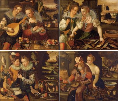 ECOLE FLAMANDE du XVIIème siècle Suite de Marten de Vos (1532-1603). Les Quatre éléments...