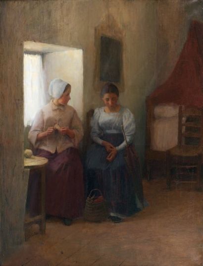 Léon DELACHAUX (1850 -1919) "La couturière et son amie". Huile sur toile signée en...