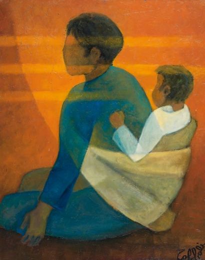 Louis TOFFOLI (1907-1999) "L'amour (péruvienne avec enfant dans le dos)". Huile sur...