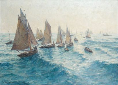 Gustave RAVANNE (1854-1904) "Régate". Huile sur toile signée en bas à gauche. 60...
