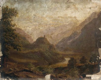 CALAME Alexandre (Vevey 1810 - Menton 1864) Rivière traversant une vallée. Huile...