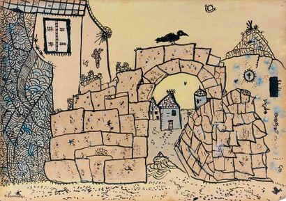Gaston CHAISSAC (1910-1964) Corbeau sur la porte d'un village, 1942. Encre de Chine...