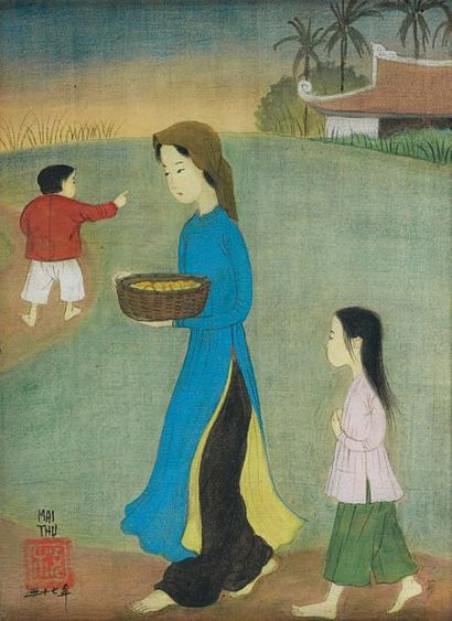 Trung Thu MAI (1906-1980) Femme et enfants. Encre, gouache sur soie, signée en bas...