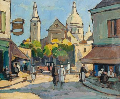 Pierre de BELAY (1890-1947) Paris, la place du Tertre, Montmartre. Huile sur carton,...