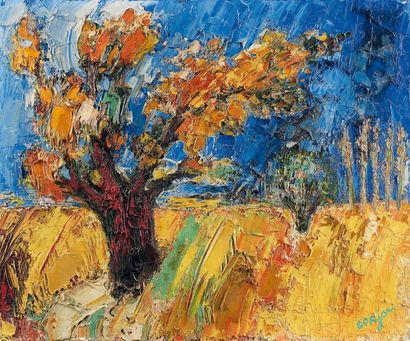 Bernard LORJOU (1908-1986) Arbre dans un champ de blé. Huile sur toile, signée en...