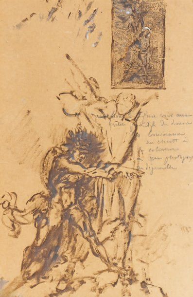 Attribué à Gustave MOREAU (1826-1898) Etude pour Jacob et l'Ange. Lavis brun, crayon...