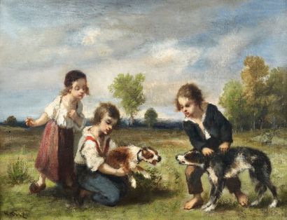 Narcisse DIAZ DE LA PENA (1807-1876) Jeunes enfants jouant avec des chiens. Huile...