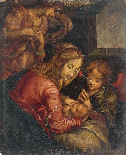 ECOLE FLAMANDE, fin du XVIème siècle. Vierge à l'enfant Jésus entre deux anges. Huile...