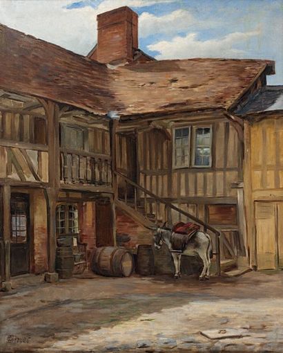 Georges BINET (1865-1949) Ane dans une cour normande. Huile sur toile, signée en...