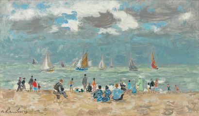 André HAMBOURG (1909-1999) Les yachts, Deauville, Trouville, 1959, été. Huile sur...