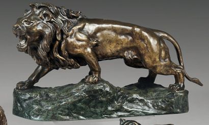 Jean-Baptiste DESCAMPS (XIX-XXème siècles) Lion rugissant. Epreuve en bronze d'édition...