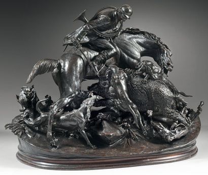 Jules MOIGNIEZ (1835-1894) La charge du sanglier. Epreuve en bronze à patine brune,...