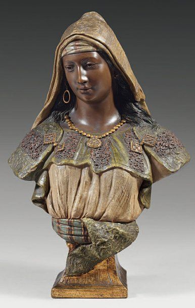 DESURMONT (XIX-XXème siècle) Buste d'Abla. Epreuve en terre cuite polychrome, signée....