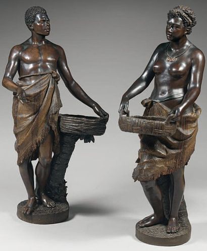 Friedrich GOLDSCHEIDER (1845-1897) Couple d'africains. Terre cuite patinée et dorée....